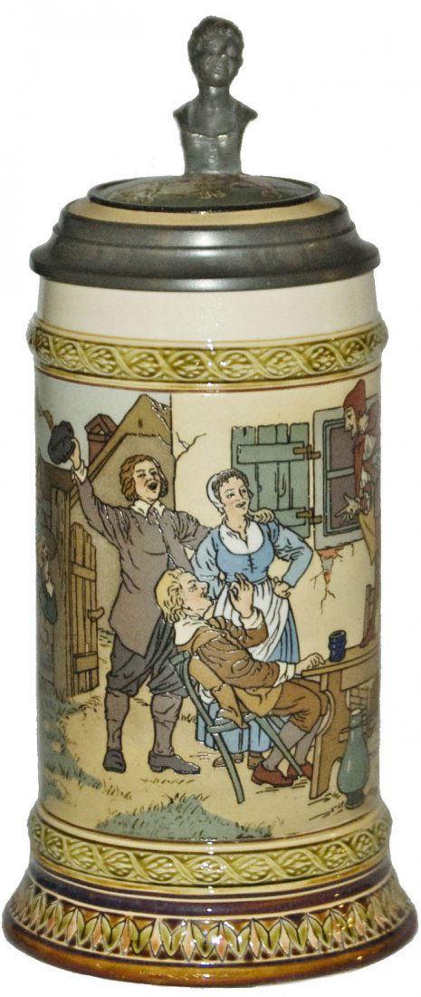 Jester on a Table Mettlach Stein w Inlay Lid: Mettlach #2582 Etched 1/2L. Jester on table. Inlay lid. Mint.