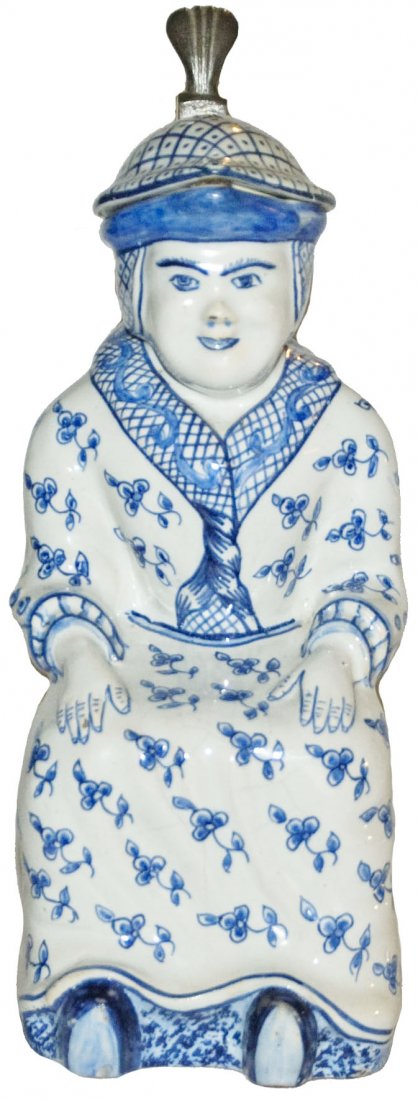 Asian Woman Character Faience Stein: Character Stein 1/2L French Faience. Seated Asian woman.