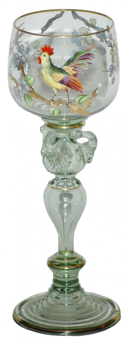 Rooster & Floral Goblet w Interesting Stem Heckert: Blown Light Green Glass 7 1/2” Goblet. Enameled rooster and floral Three delicate twisted loops beneath bowl. Air bubble stem. Fritz Heckert. Mint.
