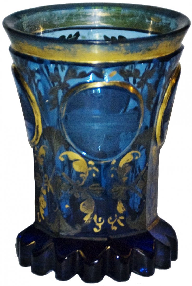 Unusual Bohemian 1850 Glass Beaker w Spa Scenes: Blown Blue Glass 4 1/2” Beaker. Wheel-cut round spa panels on faceted body. Gold and silver enamel. Some gold loss. Bohemian 1850. Unusual color.