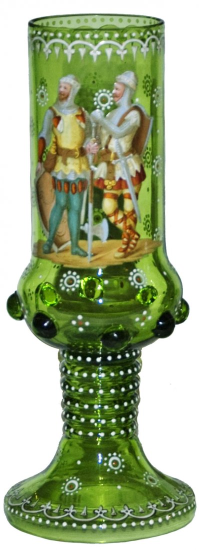 Enameled Knights Prunted Green Glass Pokal: Blown Green Glass 10” Pokal. Enameled knights. Applied prunts. Mint.