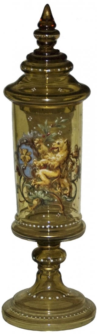 Enamel Lion & Floral Amber Glass Pokal: Blown Amber Glass 17” Pokal. Enamel lion and floral. Mint.