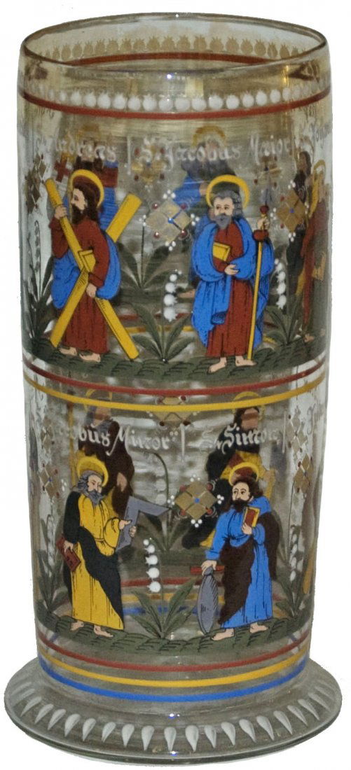 Glass Pokal w Fritz Heckert Enamel Apostles: Blown Glass 11” Pokal. Enamel apostles. Fritz Heckert. Mint.