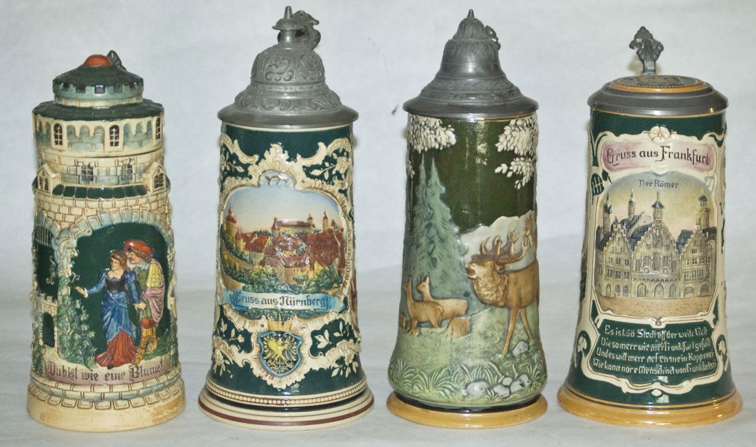 Group of 4 Steins Castle Nurnberg Stag Thewalt: Group of Four Pottery Steins. 1) Castle 1/2L with cavalier couple. Minor lid rim flakes. 2) Relief #288 1/2L. Nurnberg. Mint. 3) Hanke #1526 relief. Stag. Mint. 4) Thewalt #361 relief 1/2L. Frankfurt.
