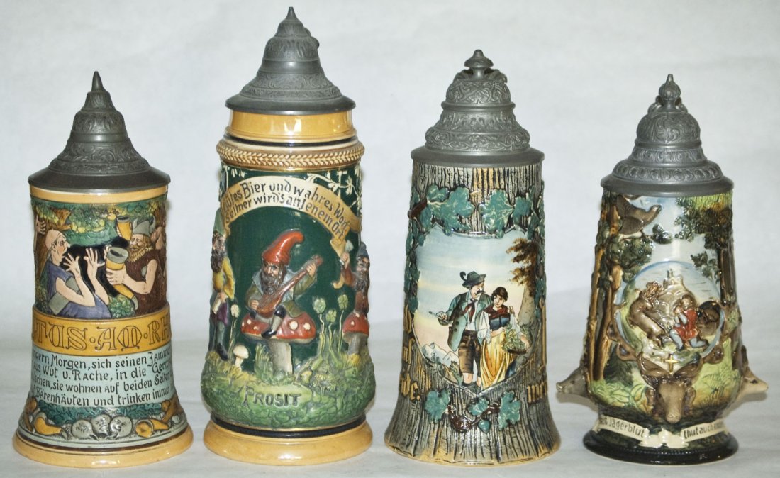 4 Steins - Hanke Dwarfs Alpine Couple & St Huberts: Group of Four Pottery Steins. 1) Pottery Hanke #1468 relief 1/2L. Mint. 2) Pottery Relief 1L. Dwarfs play music on toadstools. Mint. 3) Pottery POG 1/2L. Alpine couple. Mint. 4) Pottery #1274 relief 1