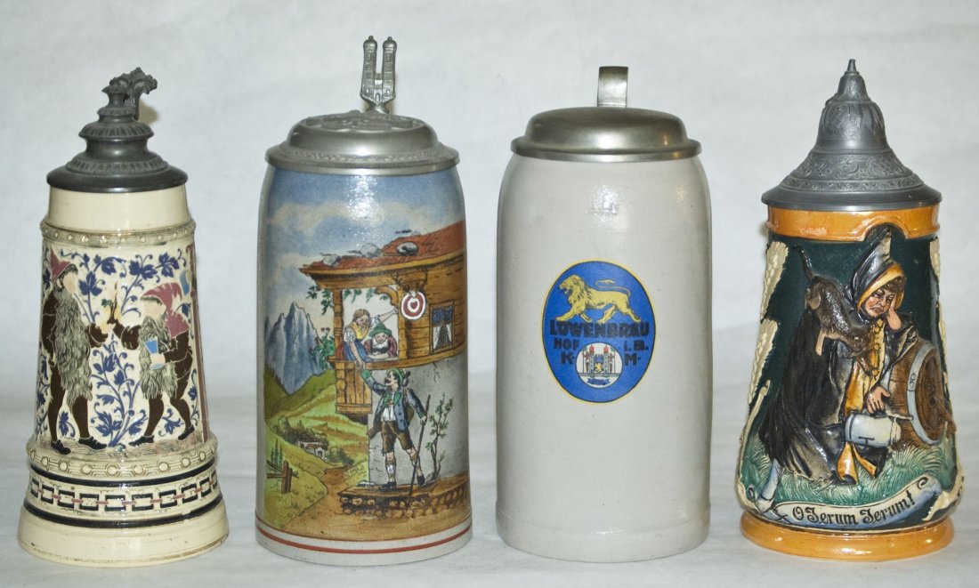 4 Steins Diesinger Dwarf, Hunter Lowenbrau Munich: Group of Four Steins. 1) Pottery Diesinger threaded relief 1/2L. Dwarfs. Mint. 2) Stoneware POG 1L. Hunters farewell. Relief pewter Munich lid.Mint. 3) Stoneware POG 1L. Lowenbrau shield. Mint. 4) Pot