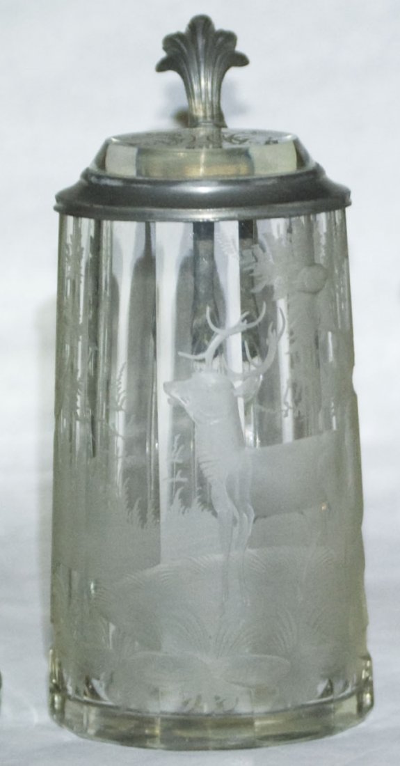 Intaglio Cut Stag on Blown Glass Stein w Inlay: Blown Glass 1/2L. Intaglio cut large stag on faceted body. Initials on matching glass inlay. Mint.