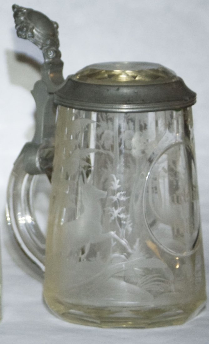 1888 Glass Stein w Intaglio Cut Stags & Prism Lid: Blown Glass 1/2L. Intaglio cut stags and “Carlsbad 1888.” Prism lid. Mint.