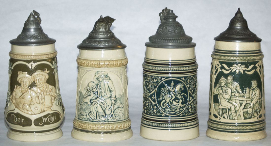 Lot of 4 Pottery Relief Steins: Group of Four Pottery 1/2L Relief Steins. 1) Alpine couple drinking. Floral on sides. Mint. 2) Cavalier and woman with basket of wheat. Mint. 3) Merkelbach & Wick. St George slaying the dragon. Griffi