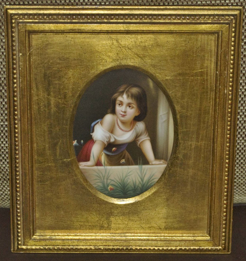 Porcelain Framed Plaque of Child: Porcelain, Hand Painted KPM Quality 4- ½” x 6” Oval. In a 9- ½” x 11” Gilded Frame. Child wearing pearls leans out a window. Mint. $300-500