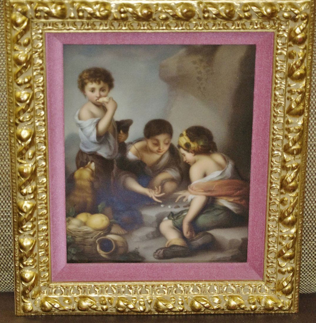 KPM Porcelain Plaque of Children: Porcelain Hand Painted KPM Plaque. 9 – ½” x 12” in a 15” x 18” frame. Children playing dice.