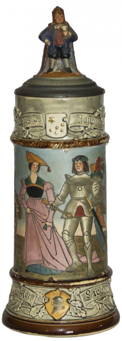 Knight & Maiden 1L Stein w Perkeo Inlay Lid: Pottery JW Remy #11070 Etched 1L. Knight and maiden. Figural Perkeo inlay lid. Mint.