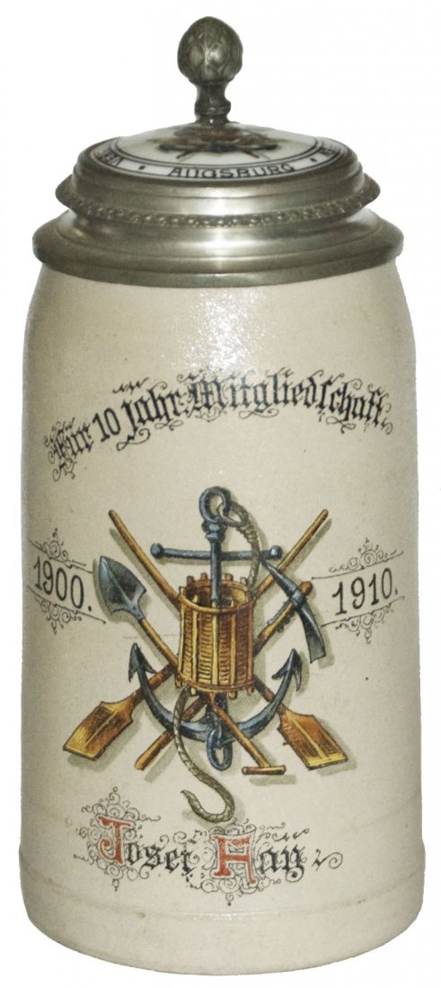 Technical Club 10 Yr Stein w Engineering Tools: Stoneware POG 1L. “Fur 10 Jahr Mitgliedschaft 1900-1910, Josef Fay.” Matching inlay “Vereinigung Technischer Truppen Augsburg.”: Mint.