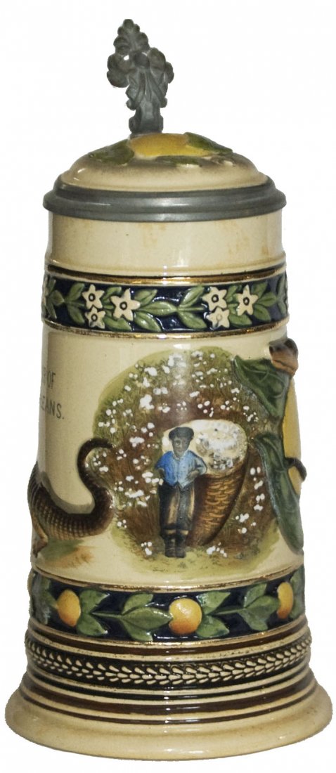 Black Boy Picks Cotton Souvenir New Orleans Stein: Pottery #6007 POG & Relief 1/2L. Black boy picks cotton. Souvenir of New Orleans. Inlay lid. Mint.