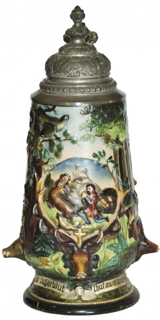 Hunter & St Hubertus Stag Hanke Relief Stein: Pottery Hanke #1274 Relief 1/2L. Hunter and St Hubertus. Mint.