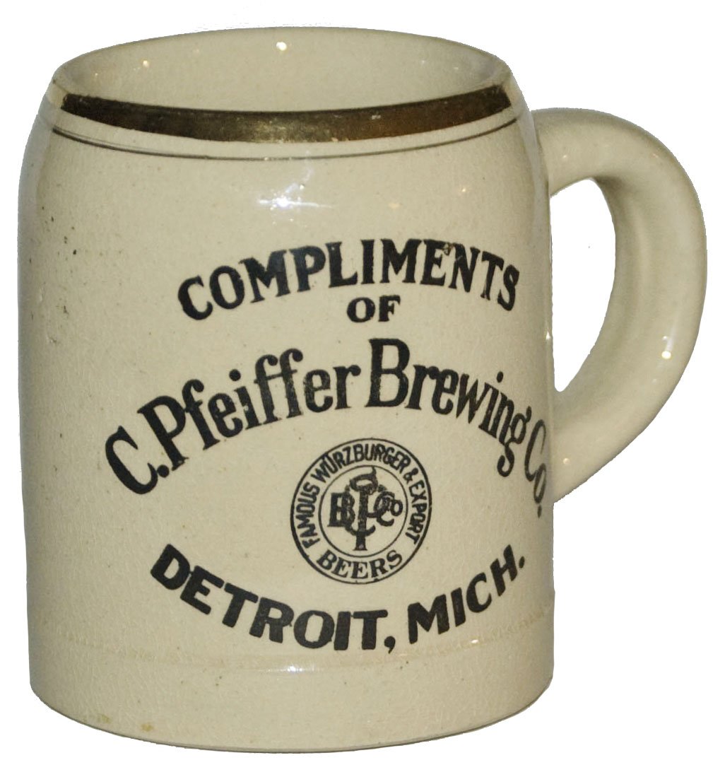 Pfeiffer Brewing Co Detroit Mich Advertising Mug: Stoneware POG 1/2L. Students drinking. Mint. $50-100 Pottery POG 1/2L Mug. “Compliments of C. Pfeiffer Brewing Co., Detroit, Mich.” Mint.