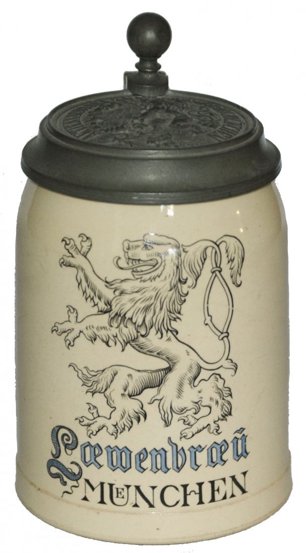 Lowenbrau Munchen Stein w Matching Relief Lid: Pottery POG 1/2L. "Loewenbrau, Munchen." Matching relief lid. Mint.