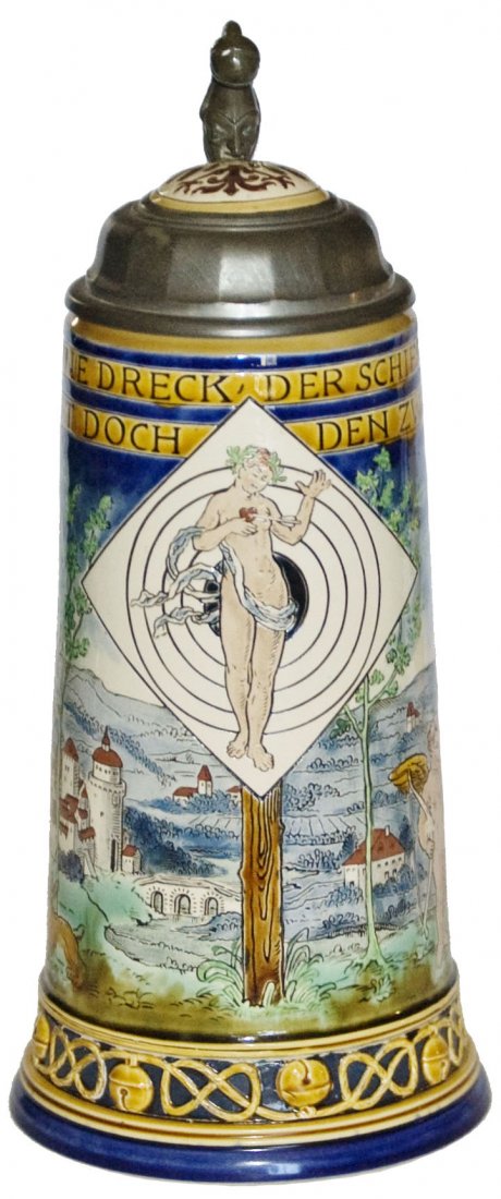 Nude Venus Target Stein Rabbits Eagle Lid Mettlach: Mettlach #2717 Etched 1L. Nude Venus target. Rabbits and cherubs on sides. Eagle inlay lid. Mint.