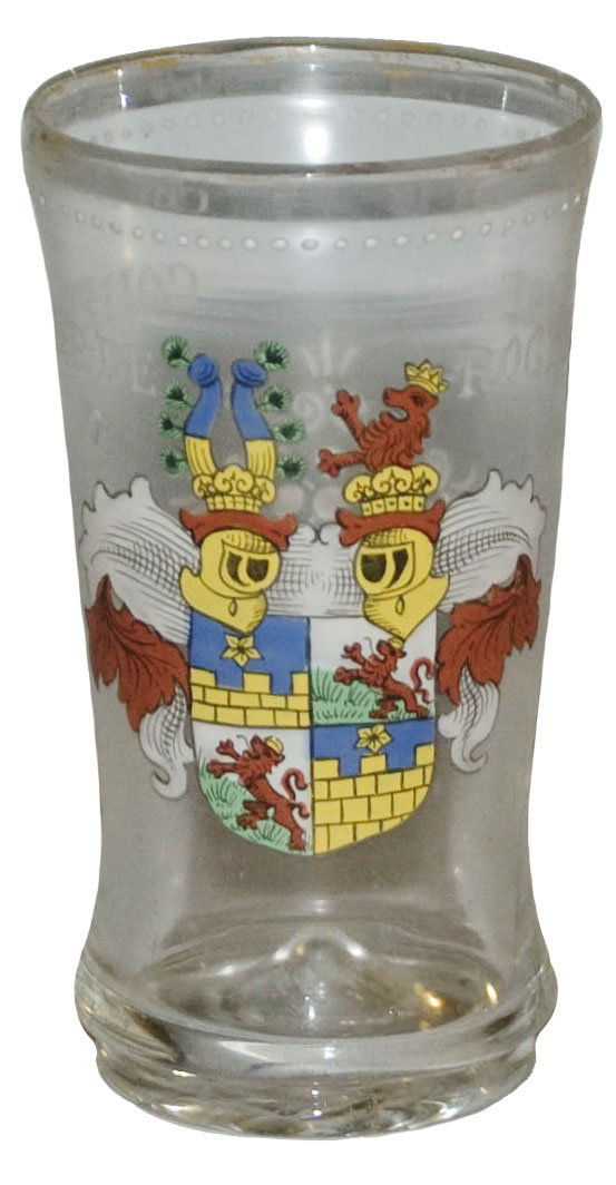 Enameled Shield Fritz Heckert Blown Beaker: Blown Glass 4 1/2” Beaker. Enameled shield. Fritz Heckert. Rim chips.