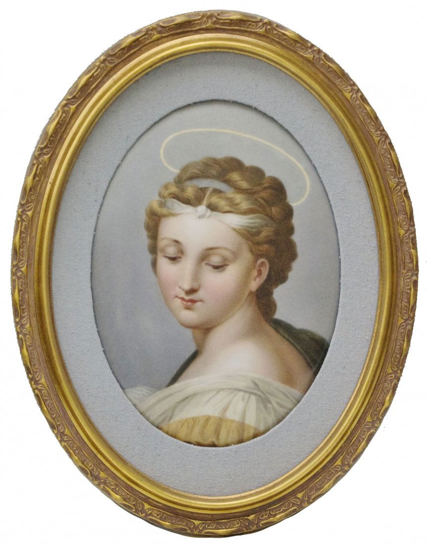 KPM Plaque HandPainted Woman & Halo: Porcelain Hand Painted KPM 6 ½” by 9” Plaque. 10 ½” by 13 ½” inframe. Woman with halo. Mint.