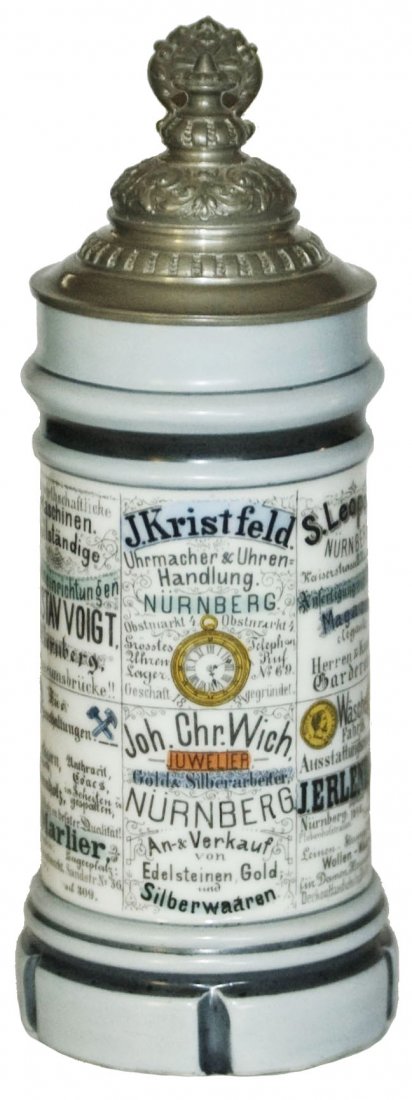 Kiosk w Advertising Porcelain Character Stein: Character Stein 1/2L Porcelain POG. Kiosk displaying advertising. Mint.
