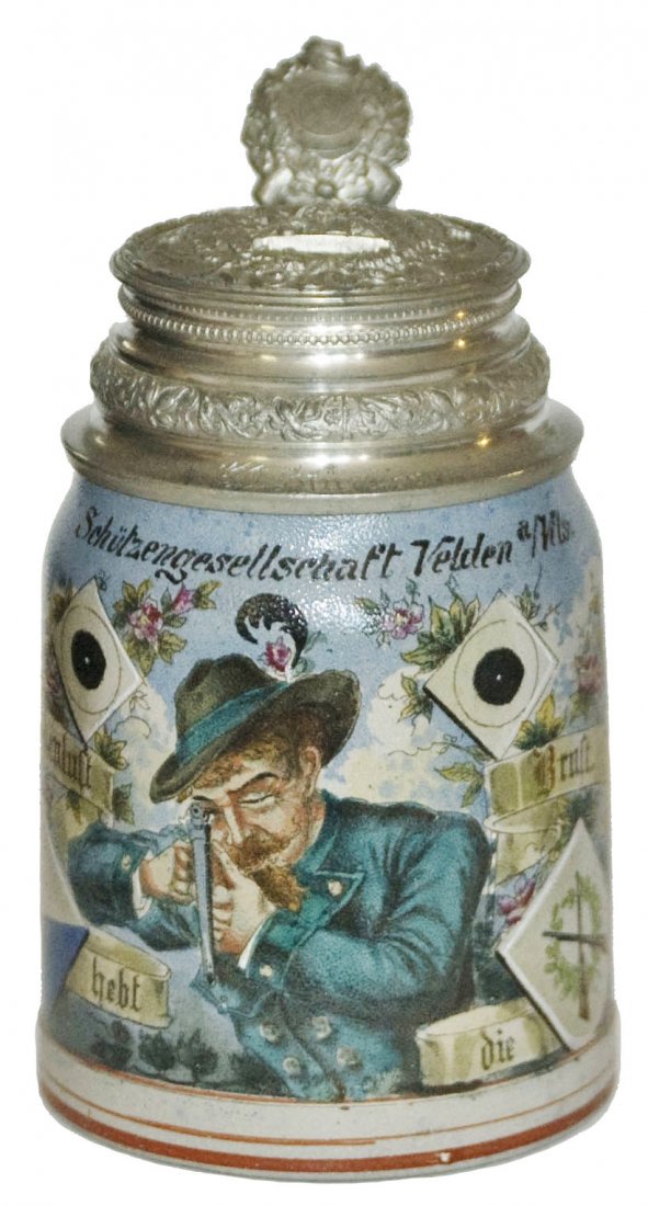 Munich Shooting Scene Stein Relief Lid of Shooting: Stoneware POG 1/2L. Munich shooting scene. Relief lid of man shooting. Mint.