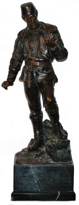 24" Signed Bronze Detailed Miner in Uniform: Bronze 24" Figure on Marble Base. Miner wearing work uniform. Fantastic detail and signed "F. Reusch" Very good condition. This is an old bronze and not a copy.