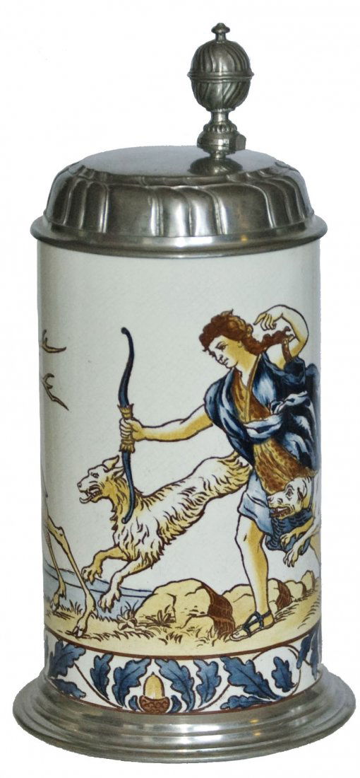 Hunter with Bow & Stag Mettlach Faience 1L Stein (1 of 1)