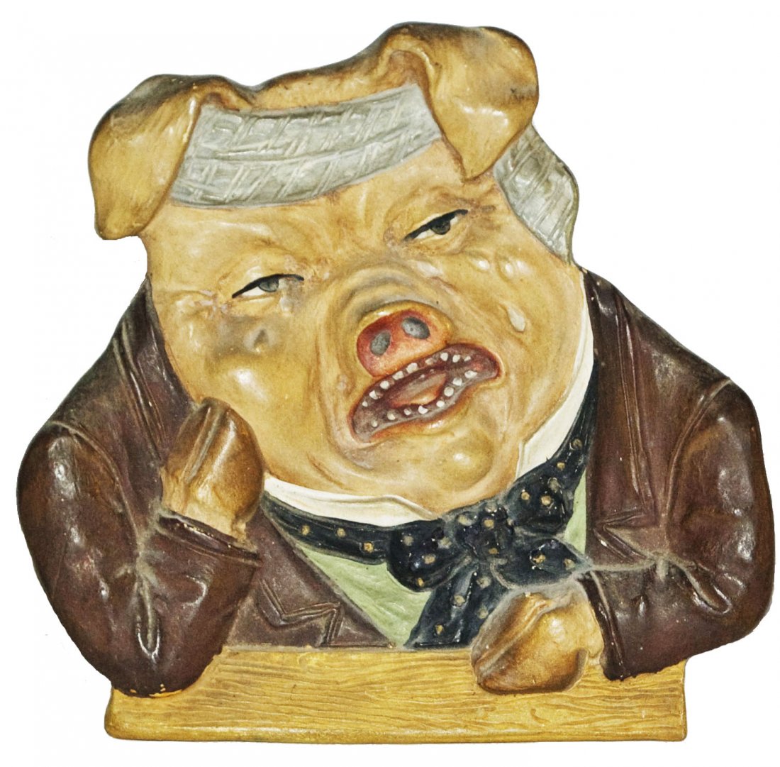 Crying Pig Terracotta Hanging Plate by Jon Maresch: Jon Maresh Terracotta Relief Hanging Plate. Crying Pig.