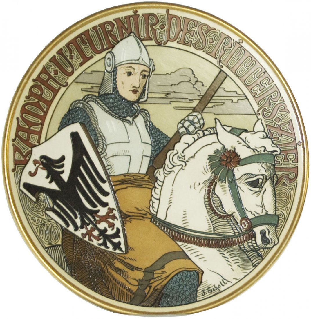 Pair Jousing Knight and Maiden Mettlach Plaques (1 of 2)