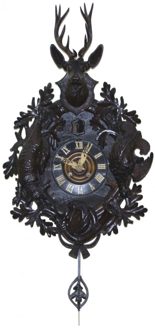 Key Wound Black Forest Carved Cuckoo Clock Stag Dog (1 of 1)