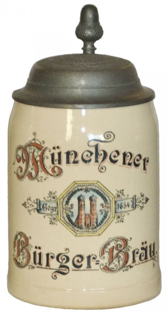 Munchener Burger Brau Stein w Matching Lid: Pottery POG 1/2L. “Munchener Burger-Brau.” Matching logo lid. Mint.