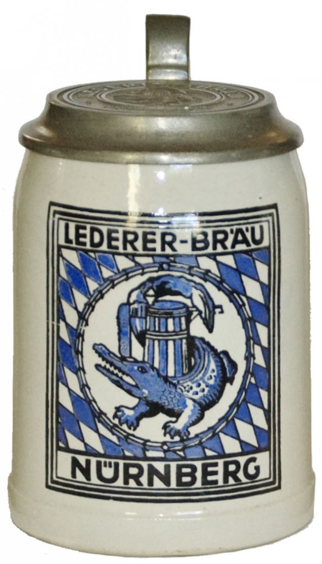 Lederer Brau Nurnberg Stoneware Stein Matched Lid: Stoneware POG 1/2L. “Lederer-Brau, Nurnberg.” Matching logo lid. Mint.