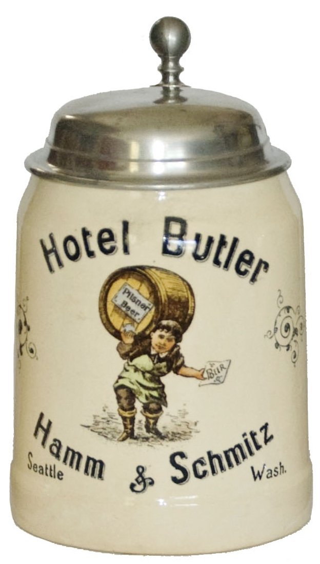 Hotel Butler Seattle Mettlach Advertising Stein: Mettlach #1526 PUG 1/2L. "Hotel Butler, Hamm & Schmitz, Seattle, Wash." Mint.