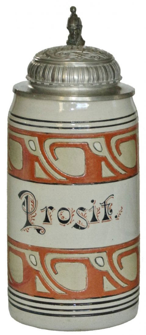 Art Noveau "Prosit" Stoneware 1L Stein Matched lid: Stoneware Marzi & Remy #1661 Etched & POG 1L. Art Nouveau design and "Prosit". Relief "Prosit" lid. Mint.