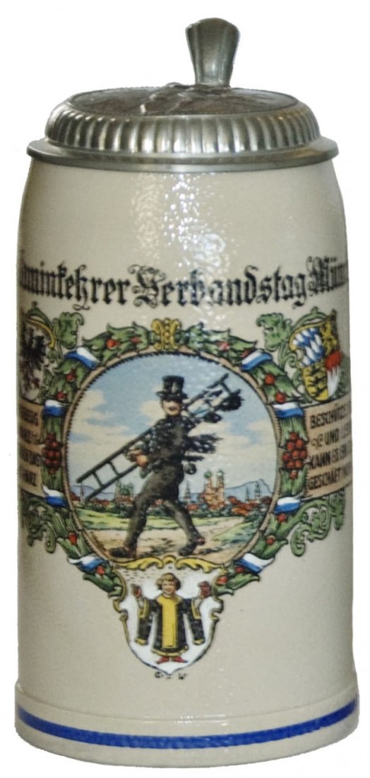 Chimney Sweep Convention 1927 Stoneware 1L Stein: Stoneware POG 1L. "Deutscher Kamintekrer Herbandstag Munchen 1927." Chimney sweeps gathering. Relief St Florian pewter lid. Mint.