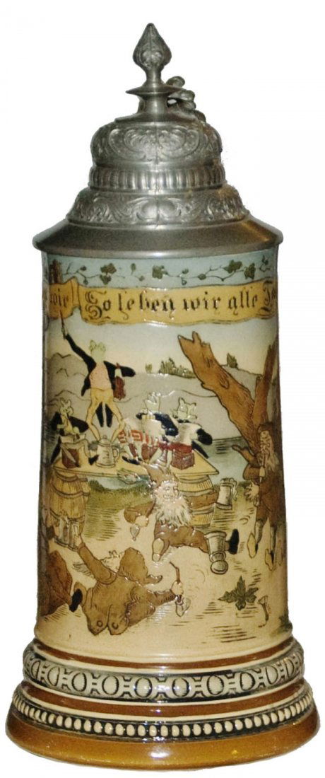 HR Etched Frog Band & Dwarfs Stein w Music Box: Pottery HR Etched 1/2L. Frog band plays for dwarfs. It has original working music box in base. Mint.