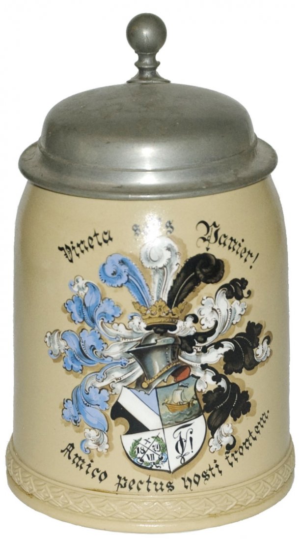 Student Shield Mettlach Stein Vineta sei Panier: Mettlach #1526 POG 1/2L. Student shield. “Vineta sei’s Panier Amico Pectus Hosti Frontem.” Mint.