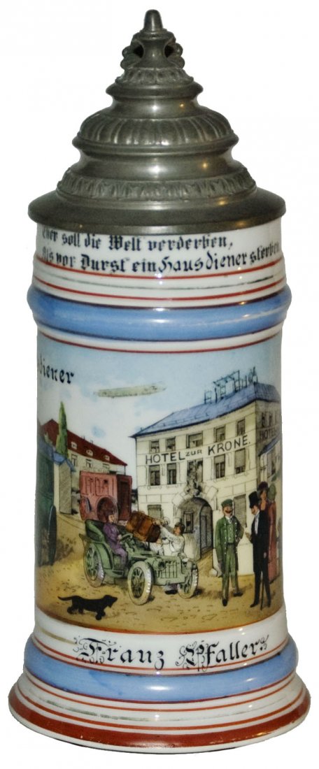 Uncommon Hotel Porter Stein w Early Automobile: Occupational Stein 1/2L. Hotel porter (Hausdiener). Scene of early automobile. Uncommon. Mint.