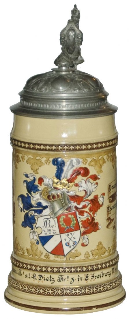 Dueling Student Shield Van Hauten Mettlach Stein: Mettlach #384 Relief & POG 1/2L. Dueling student shield. Inscription around base.Van Hauten.