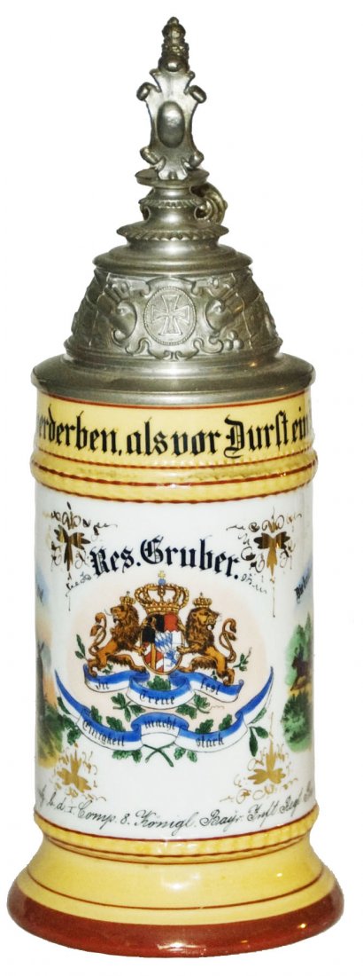 Inft Pranokh Metz Bavarian Panel Regimental Stein: Regimental Stein 1/2L Porcelain. “I. Comp. 8. Konig. Bayr. Inft. Regt. Pranokh. Metz 1897-99, Res. Gruber.” Two side scenes. Bavarian front panel. Mint.