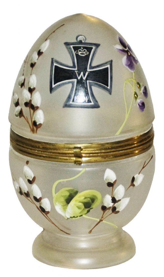 Glass EggShaped Box Enamel Floral & Iron Cross: Blown Glass 5” Egg Shape Container. Enameled floral and iron cross. Mint.