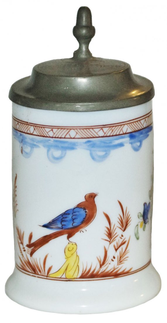 Milk Glass Stein Enamel Bird & Floral Circa 1800: Blown Milk Glass 3/10L. Enameled bird and floral Circa 1800.Old thumblift repair. Glass body mint.