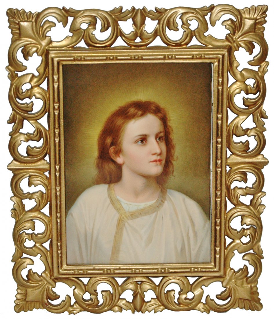 KPM Porcelain Plaque Young Jesus Great Quality: Porcelain KPM Hand Painted 11” by 13” Plaque. Young Jesus Christ after Heinrich Hofmann (1824-1902). KPM and scepter marks. Fantastic quality. Gilded frame.