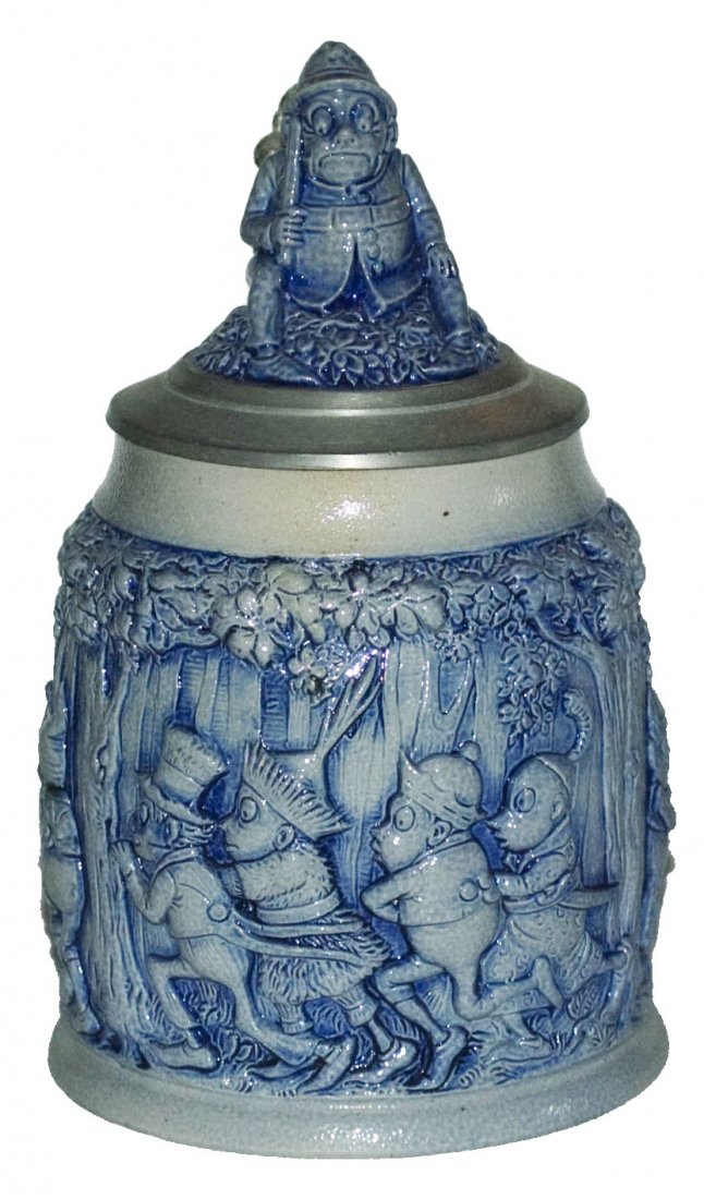 International Palmer Cox Brownies Stoneware Stein: Stoneware Gerz Relief 1/2L. Palmer Cox Brownies each wearing a different countries clothing. Figural inlay lid. Mint.