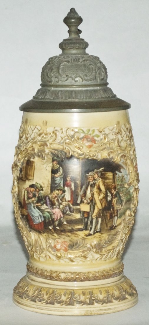 Tavern Scene Pottery Stein: Pottery #861 POG 1/2L. Tavern scene. Mint.