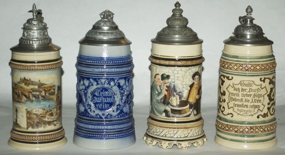 Lot of Four Steins - Three Pottery & a Stoneware: Group of Four Steins. 1) Pottery POG 1/2L. Souvenir of Wurzburg. Some fading. 2) Stoneware Merkelbach & Wick Relief 1L. Floral and verse. Mint. 3) Pottery #1142 Relief 1/2L. Tavern scene. Mint. 4) Pot