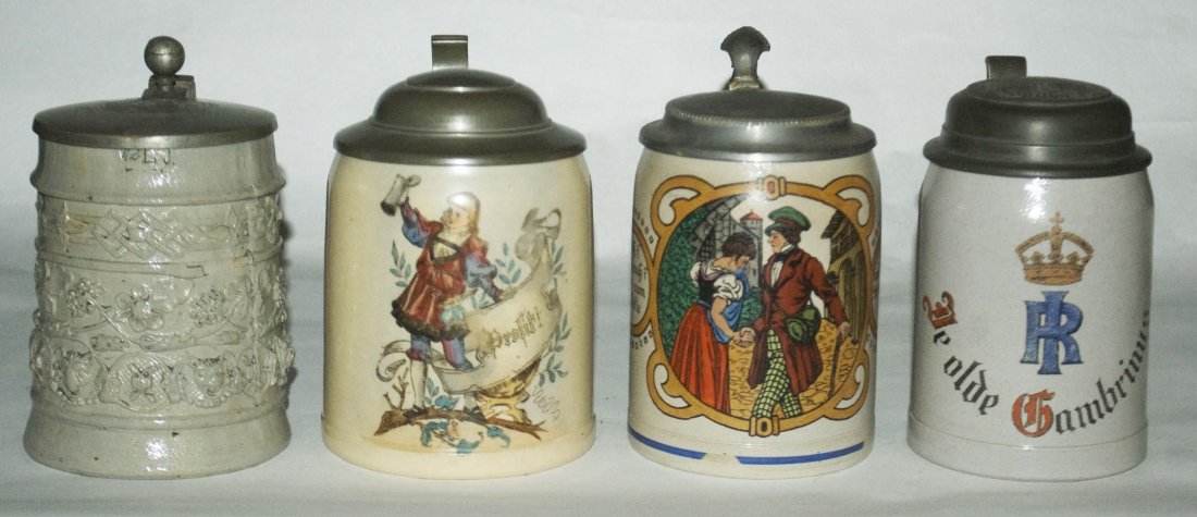 Lot of 4 Steins - 3 Stoneware & One Pottery: Group of Four Steins. 1) Stoneware Relief 1/2L. Floral and faces. Mint. 2) Pottery POG 1/2L. Cavalier and “Prosit.” Mint. 3) Stoneware POG 1/2L. Young couple. Mint. 4) Stoneware POG 1/2L. “Ye Ol