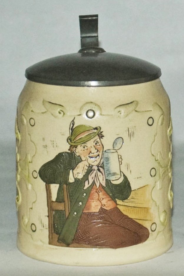 Drinking Man Pottery Etched HR Stein: Pottery HR #157 Etched 1/2L. Man drinking. Mint.