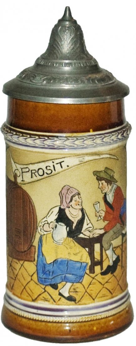 JW Remy Etched 1/4L Couple in Tavern Stein: Pottery JW Remy #1293 Etched 1/4L. Couple in tavern. Mint.